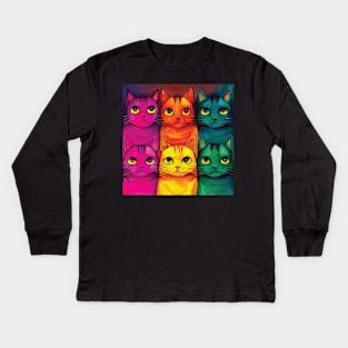 Multicoloured Cats Print in Bold Pink, Orange, Yellow, Green and Blue Kids Long Sleeve T-Shirt